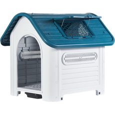 Lanco – Hundehütte für mittelgroße Hunde mit verstellbarem Schiebedach und Toilette. Innen- und Außenbereich mit Lüftungsschlitzen. Widerstandsfähiges Material. 87 x 72 x 75 cm. Blau und Weiß.