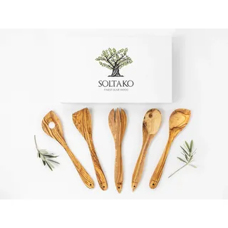 SOLTAKO Olivenholz Kochlöffel 5er Set "Big Five", Küchenutensilien aus Oliven Holz