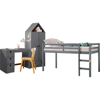 Lüttenhütt Jugendzimmer-Set »Alpi«, (Spar-Set, 3 tlg.), Hochbett, Schreibtisch und Kleiderschrank in Hausoptik, platzsparend, grau