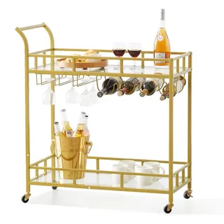 Servierwagen Barwagen - Weinwagen mit 2 Ebenen - Mobiler Getränkewagen - Bis zu 55 kg belastbar - Verspiegelte Glasablagen - Kompakte Größe 85,5 x 38 x 93 cm - Ideal für kleine Räume - Küche, Esszimmer, Bar - Goldfarben - Gold