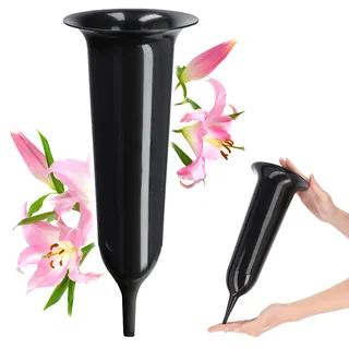 KADAX Grabvase, Vase aus Kunststoff, Blumenvase, Kunststoff-Vase für Blumen, wetterfeste Friedhofsvase, frostsicher Steckvase für Grab, witterungsbeständiger Grabschmuck (12cm, mit Erdspieß, schwarz)