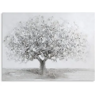 Casablanca Deko Wand Bild XXL - Leinwand auf Holz Rahmen - handgearbeitet Oberfläche Acrystruktur - Motiv: großer Baum - Farben: Weiss Grau Silber 120 x 90 cm