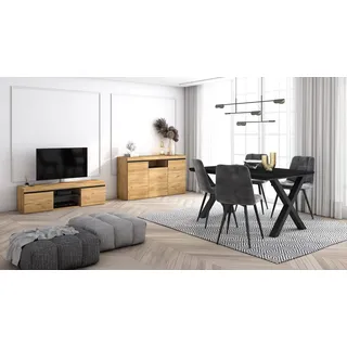 Skraut Home - Wohnzimmermöbel-Set | Tisch 140 Schwarze X-Beine 6 Personen | Lowboard 140 | Sideboard/Buffetschrank 140 | Eiche und Schwarz | Industrieller Still