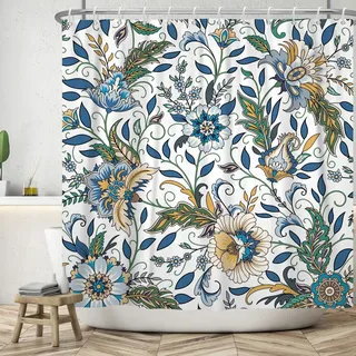 ASDCXZ Blumen Duschvorhang 180x200 cm, Frühling Vintage Blau Gelb Boho Blumen Grün Blätter Weiß Bad Waschbar Duschvorhänge Polyester Textil Wasserdicht Badevorhang für Badewanne mit 12 Haken