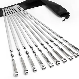 GXFCING 55cm Grillspieße Edelstahl, 10 Stück Extra Lange Flache Schaschlikspieße Fleischspieße Metallspieße Adana Kebab Spieße mit Tasche