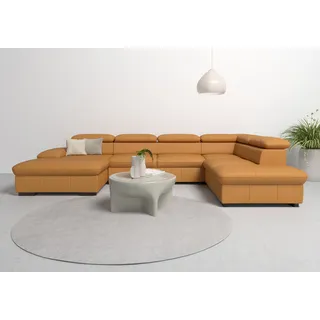 Wohnlandschaft HOME AFFAIRE "Alberto U-Form", gelb (curry), B:350cm H:73cm T:228cm, Luxus-Microfaser in Lederoptik (100% Polyester);Microfaser in Antiklederoptik (100% Polyester);Luxus-Microfaser Vintageoptik (100% Polyester);Luxus-Microfaser weich (90%Polyester 10%Polyamid), Sofas, Wohnlandschaft, mit Kopfteilverstellung, wahlweise mit Bettfunktion