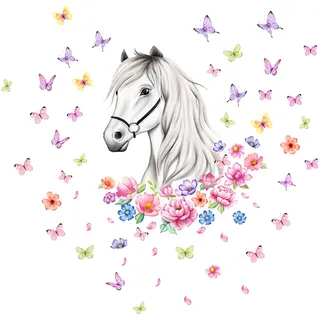 INNAL Wandtattoo Pferdekopf Blumen Wandsticker Schmetterlinge 30X40CM Wandtattoo Kinderzimmer Mädchen Wandtattoo Pferd für Jungen Mädchen Wandaufkleber Kunst Dekoration,Baby Wandaufkleber Dekoration