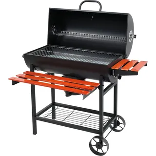 Holzkohlegrill BBQ Grillwagen – mit Deckel & Thermometer, Warmhalterost, Aschebehälter, 2 klappbaren Ablagen, Rollen – Holzkohlegrill für Garten, Terrasse & Balkon