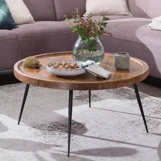 FineBuy Couchtisch Sheesham Massivholz rund Ø 75 cm – Wohnzimmertisch mit Metallbeinen | Design Tisch handgefertigt im Retro Stil | stabil - Braun