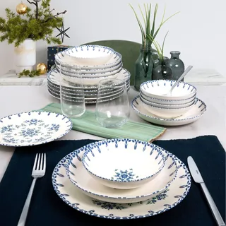 Elegant 24-Piece Dinner Set, 100% Porcelain, White & Blue | Includes Service Plates, Bowls, Dessert Plates | Dishwasher & Microwave Safe, Perfect for Any Occasion