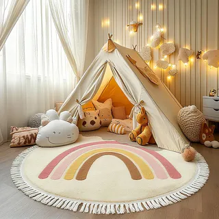 Tospass Kinderzimmer Teppich Regenbogen Weicher Rund Quasten Waschbarer Kinder Teppich Schlafzimmer Junge Mädchen Kurzflor rutschfest Teppich, 60 cm Rund