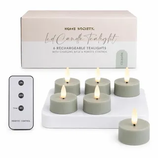 LED Teelichter 6er Set Grün mit USB-C Ladestation, Timer & Fernbedienung | Wiederaufladbare LED Kerzen Teelichter mit USB-C Ladestation, Fernbedienung und Timer für Deko, Hochzeit & Zuhause