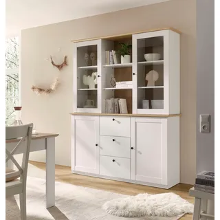 OTTO home Buffet "Brest, Hochschrank im Landhausstil, Schrank, Küchenschrank" schwarze Metallgriffe, viel Stauraum, Glastüren, 164 cm breit, weiß matt, eiche geölt dekor
