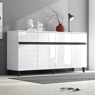 MODFU Hochglanz Kommode Sideboard mit 4 Schubladen, 2 Türen und höhenverstellbaren Regalböden, Schrank Buffet für Wohnzimmer, Schlafzimmer, Kinderzimmer, Jugendzimmer und Büro, Weiß - Weiß