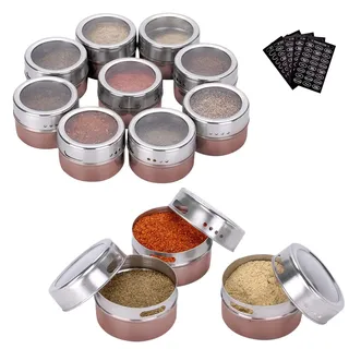 Kingmate 12 Stück (Rot) Gewürzdosen Magnetisch Edelstahl Gewürze Spice Jars, 96 Gewürzetiketten & 24 Blankoetiketten, Gewürzregal Gewürzdosen Set Glas Magnetisch Gewürz Spice Box