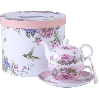 London Boutique Tea for one Teekanne Tasse Suacer Set Shaby Chic Flora Vogel Rose Schmetterling Porzellan Geschenkbox Rosa