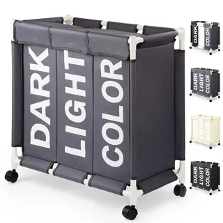 Rieeyrslza Wäschesortierer auf Rollen 90L Wäschekörbe 3 Fächer Wäschekorb aus Oxford-Stoff Mit Deckel Abnehmbarer Wäschekorb Mit Rädern Effiziente Sortierung und Lagerung (Grau o2)