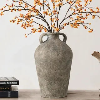 Hometopia Große Vase 30 cm, Vintage Keramik Amphore Grau aus Terrakotta | Raue Naturstein-Optik mit Henkeln, handgefertigte Wabi-Sabi Deko für Zweige, Trockenblumen und rustikale Wohnräume