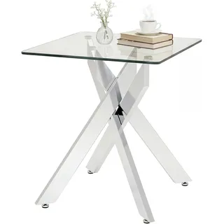 FANTASK quadratischer Couchtisch aus Glas, Glastisch klein mit X-Metallgestell, Beistelltisch mit gehärteter Glasplatte, Esstisch für kleine Räume, Esszimmertisch, Wohnzimmer