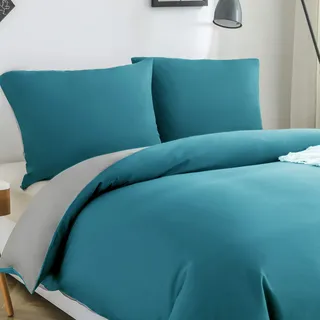 AYSW Bettwäsche gebürstet Microfaser 1 Bettbezug 200x200cm + 2 Kopfkissenbezug 80x80cm mit Reißverschluss Seeblau/Hellgrau