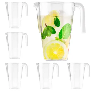 MATANA 6 Kunststoff Krüge (Durchsichtig, 1,5L) - Wasserkrug, Cocktail Krug, Saftkanne, Wasserkanne, Karaffe Plastik, Wasserkaraffe - Geburtstage, Hochzeiten, Grillpartys - Stabil & Mehrweg