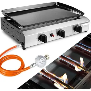 Gas Plancha Grillplatte, Tischgasgrill 7,2 KW, Gasgrill Edelstahl | 3 Brenner Tischgrill Gas, Keramische Lackbeschichtung Grillfläche, Tragbarer Balkon Camping Picknick BBQ Grill(Butan/Propan)