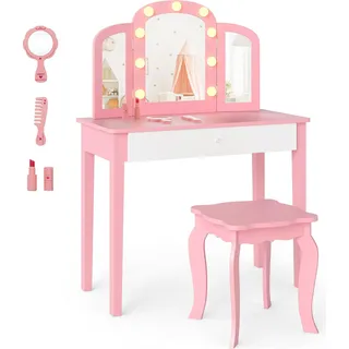 COSTWAY Kinderschminktisch mit Stuhl & beleuchtetem Spiegel, Mädchen-Schreibtisch mit Schublade, Kippschutz, Schminktisch für 3-12 Jahre, Rosa - Rosa