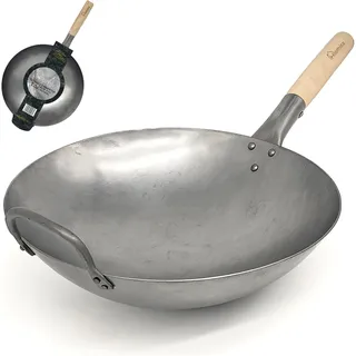 Homira Wok 36cm handgehämmert aus Karbonstahl mit rundem Boden und Holzgriff – traditionelle Wokpfanne, PFAS-frei, für Gas, Grill & Outdoor