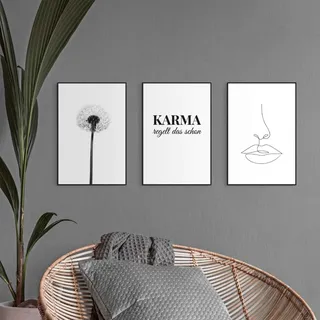 Wandbild REINDERS "Wandbilder Set Modern Art Pusteblume - Linienzeichnung - Stylisch", schwarz (farbe bild(er): schwarz, weiß), B:20cm H:30cm, MDF, Bilder, Wandbild