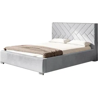 Polsterbett MONACO mit Kopfteil, 180x200 cm, Doppelbett mit Bettkasten und Lattenrost aus Holz, Velourstoff Hellgrau - Hellgrau