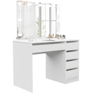 Idohome Schminktisch Bella Weiß 110 cm mit Spiegel und LED Beleuchtung , Holzwerkstoff , 4 Schubladen , Rechteckig , 110x77x55 cm , Schlafzimmer, Schminktische