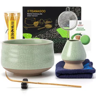 TEANAGOO Matcha Set 7-tlg., Keramikschale Blaugrün, Bambusbesen 100 Zinken | 7-teiliges Matcha-Set: bleifrei. Keramikschale (510 ml), Bambusbesen 100 Zinken, Löffel, Sieb, Halter, Tuch, Handbuch.