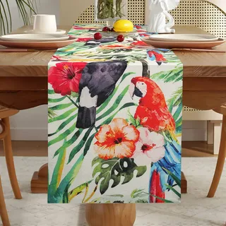 Tischläufer Frühling Modern Wohnzimmer Tischläufer Rosa Blumen Tischdecke Tropisches Grünes Palme Bunt Muster Tischläufer Esszimmer Dekorativer für Abendessen Feiertage Partys Frühling Sommer 33x183