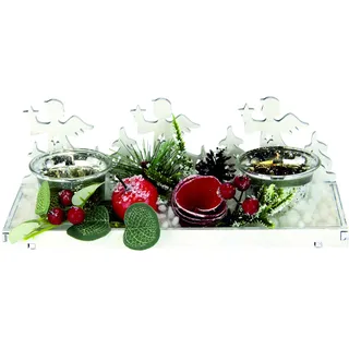 Flair Flower Dekoriertes Holztablett mit Teelicht-Gläser Tanne Weihnachtsdeko Kerzenschale Teelicht Kerzenhalter Teelichthalter Adventstablett Adventskranz Tablett Schale Dekoschale Adventsschale Deko für Advent