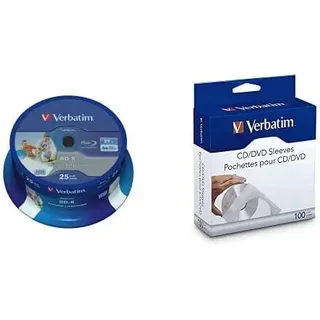 Verbatim BD-R SL Datalife Blu-ray Rohlinge 25 GB, Blu-ray-Disc mit 6-facher Schreibgeschwindigkeit, 25er-Pack Spindel, großflächig bedruckbar, inklusive 100 BD Hüllen