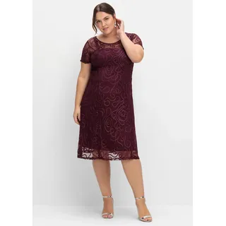 Spitzenkleid SHEEGO "Spitzenkleid", Damen, Gr. 56, Normalgrößen, lila (aubergine), Spitze, 100% Polyamid, unifarben, knielang, Rundhals, Kleider Spitzenkleid