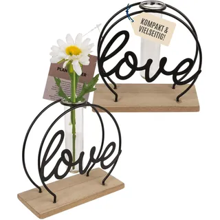 Metall-Pflanzenhalter auf Holzplatte, Love, mit Reagenzglas ca. 13 x 5 x 13,5 cm