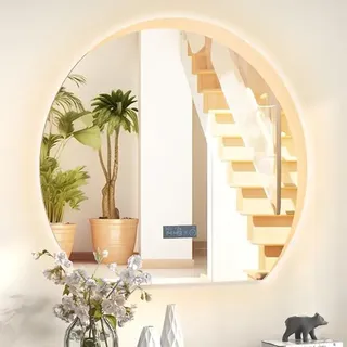 Badspiegel mit Beleuchtung, Wandspiegel Halbrund 60 x 53 cm, LED Badezimmerspiegel mit Touchschalter, Speicherfunktion, Uhr, Temperatur, Beschlagfrei, Lichtspiegel 3 Lichtfarben dimmbar - Silber