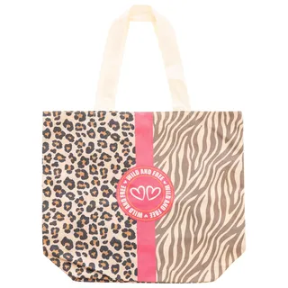 Tragetasche ZWILLINGSHERZ, Damen, Gr. B/H/T: 38cm x 45cm x 17cm, hellbeige, Canvas, Baumwolle, Kunstfaser, Taschen Tragetasche, Stofftasche mit Henkel, bunter Mustermix