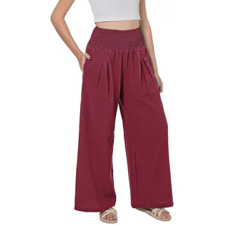 Lofbaz Damen Sommer Fließend Baumwolle Leinen Palazzo Weite Hosen Strand Hohe Taille Hose Boho Lange Loungehose mit Taschen Rotwein XL