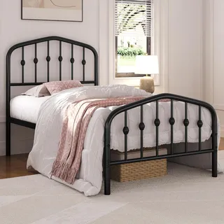 Yaheetech Bettrahmen 90 x 190 cm, Vintage Metallbett mit kronenförmigem Kopfteil, Stabiles Bettgestell Einzelbett aus Metall, Robust & Leichte Montage Gästebett Jugendbett Tagesbett, Schwarz