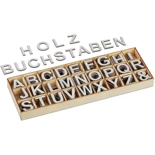 Relaxdays Holzbuchstaben Set, 324 TLG., Großbuchstaben A-Z, Und-Zeichen, 3 cm, kleine Buchstaben zum Basteln, Deko, grau