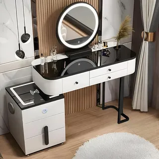 MJKCBD Schminktisch mit Glasplatte, Modern Frisiertisch mit 360° Drehbarer HD-Spiegel und Flexibler Seitenschran, 100cm Kosmetiktisch mit 5 Schubladen für Mädchen Schlafzimmer