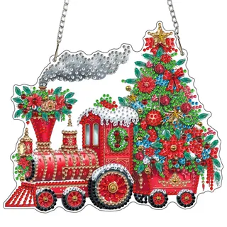 RICUVED 5D Weihnachtsbaum Diamond Painting Anhänger Fensterbilder, Weihnachten Zug Diamant Painting Anhänger für Kinder Erwachsene,DIY Special Shaped Diamond Painting Anhänger Hängende Ornament Set