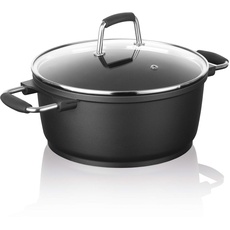 Bratoni Aluminiumguss Kochtopf 20 cm mit Deckel aus Glas 2,5L | Antihaft-Beschichteter Topf für fettarmes Kochen | Spülmaschinenfest | Brattopf Guss-Qualität, Schwarz