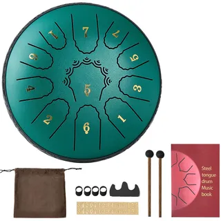 Vevor Zungentrommel, 165 mm, 11 Tönen Regentrommel, D-Dur Musiktrommeln mit Notenbuch & Schlägeln, Steel Tongue Drum, Steel Pan, für Meditation Yoga Anfänger Musikunterricht, Grün