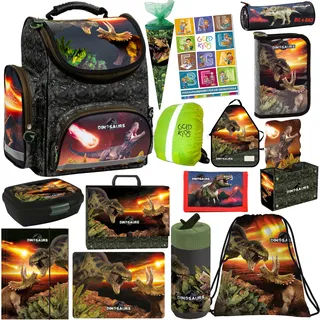 Schulranzen XXL Set 15er Ranzen Tornister Federmappe Turnbeutel Gummizugmappe Schürze Brotdose Trinkflasche Aufgabenheft Dinosaurier Dino Motiv - Grün, Bunt, Rot, Schwarz