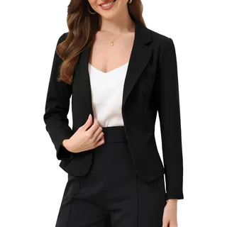 Allegra K Damen-Blazer mit offener Vorderseite, für Büro, Arbeit, Geschäft, Freizeit, Sommer, bauchfrei, leicht, schwarz-massiv, XS