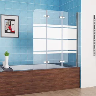 MIQU Duschwand für Badewanne 140x140 cm 3-teilig Faltbar Duschtrennwand Glas Duschabtrennung mit Weiße Streifenmuster & Milchglas, Dusche Badewannenaufsatz ESG Sicherheitsglas