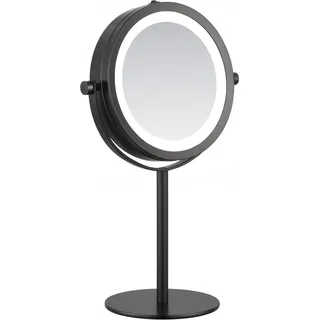 DEUSENFELD SL10BB - Batterie LED Doppel Stand Kosmetikspiegel, 10x Vergrößerung + Normalspiegel, Ø17,5cm, 360° horizontal schwenkbar, 35 SMD Tageslicht LEDs, matt schwarz - Schwarz